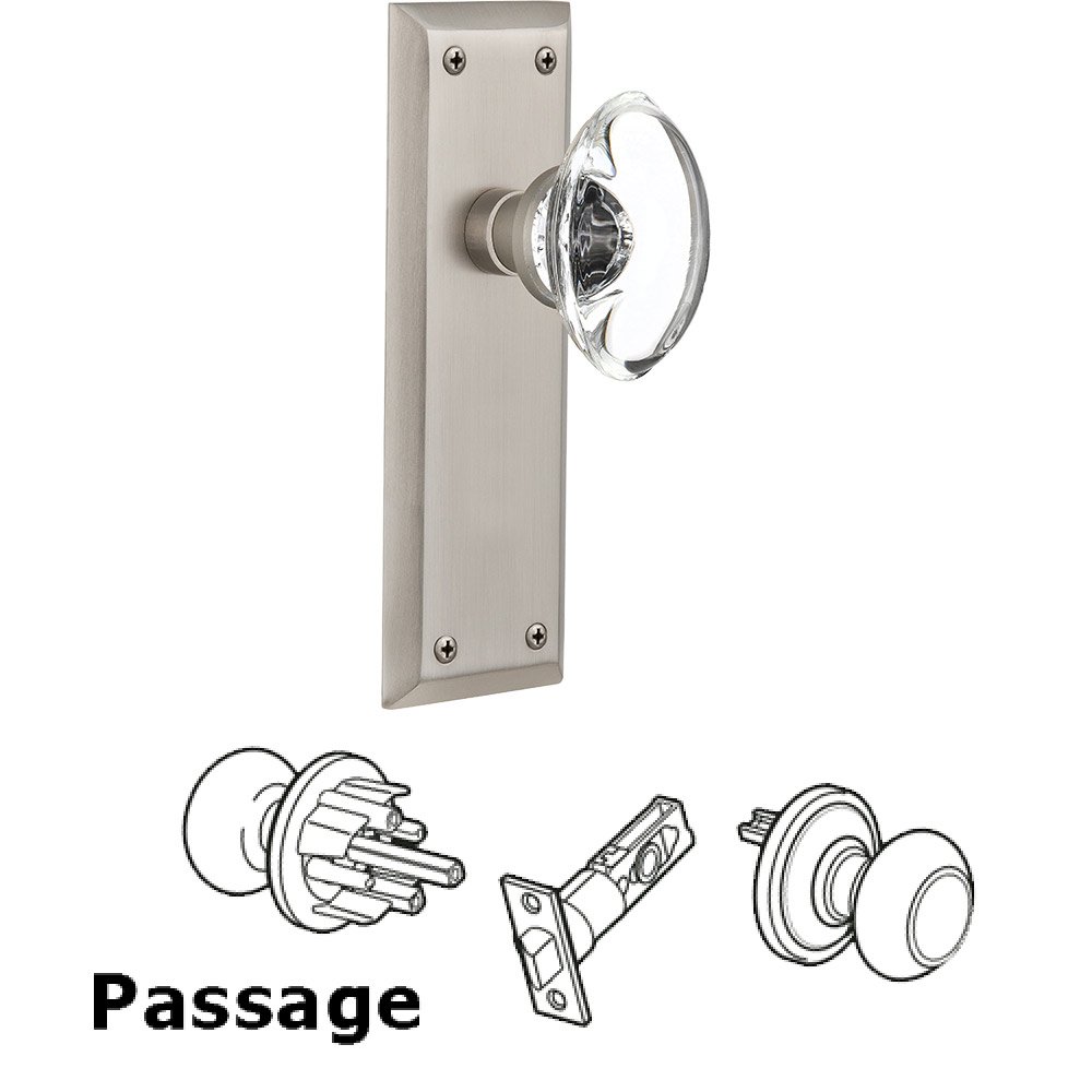 Passage Knob - New York Plate with Oval Clear Crystal Knob without Keyhole in Satin Nickel