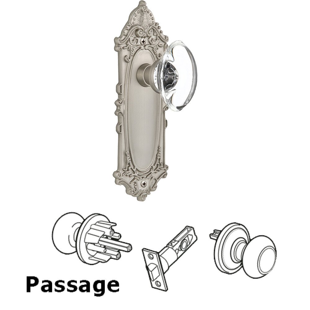 Passage Knob - Victorian Plate with Oval Clear Crystal Knob without Keyhole in Satin Nickel