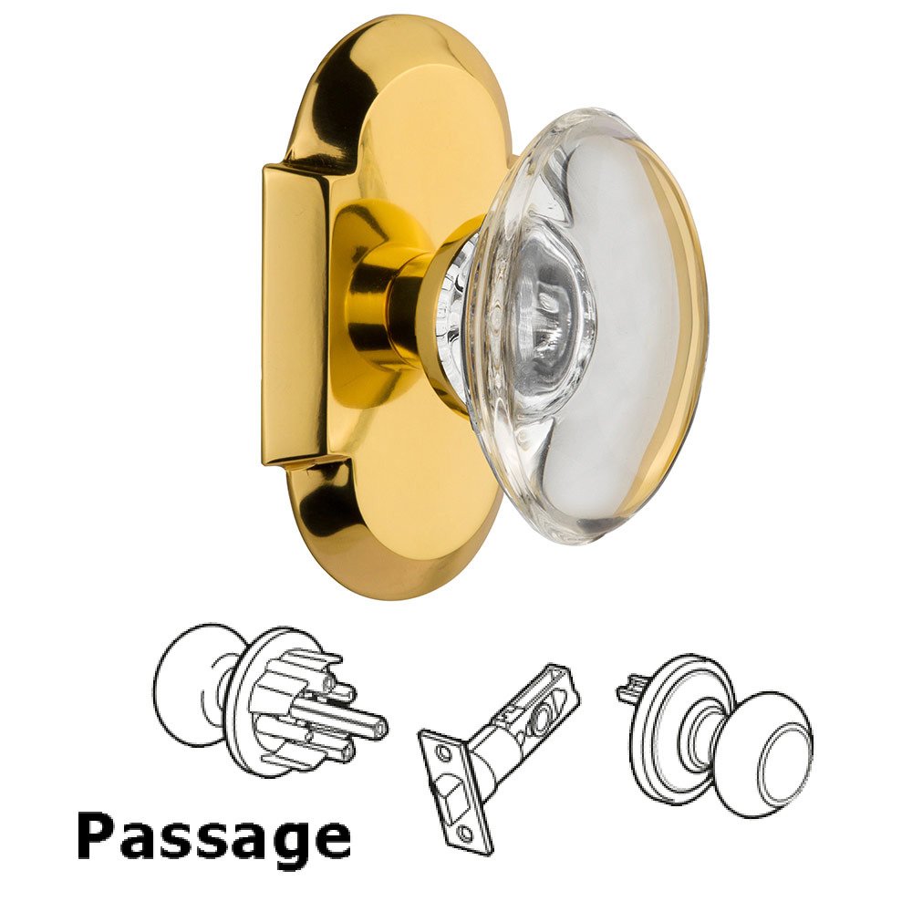Passage Cottage Plate with Oval Clear Crystal Knob in Polished Brass