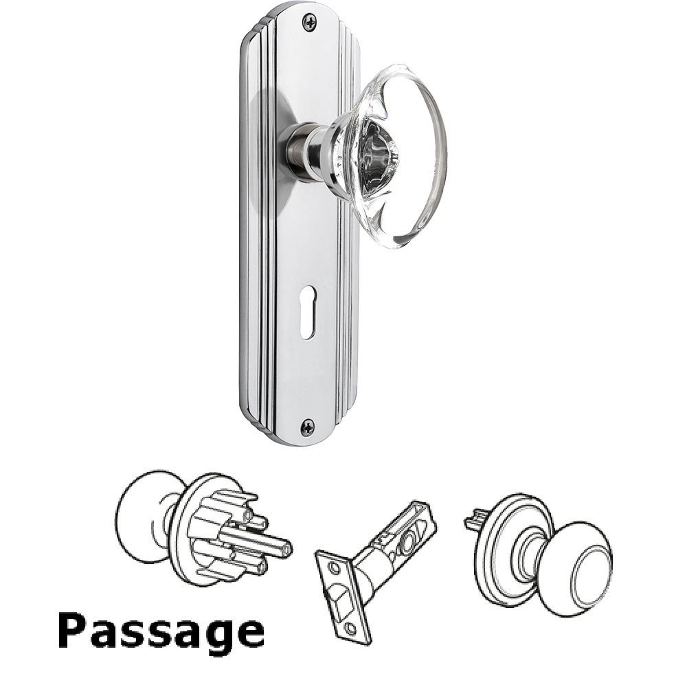 Passage Deco Plate with Keyhole and Oval Clear Crystal Glass Door Knob in Bright Chrome