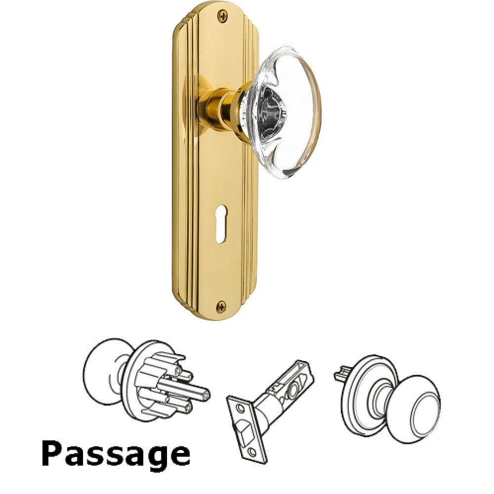Passage Deco Plate with Keyhole and Oval Clear Crystal Glass Door Knob in Polished Brass