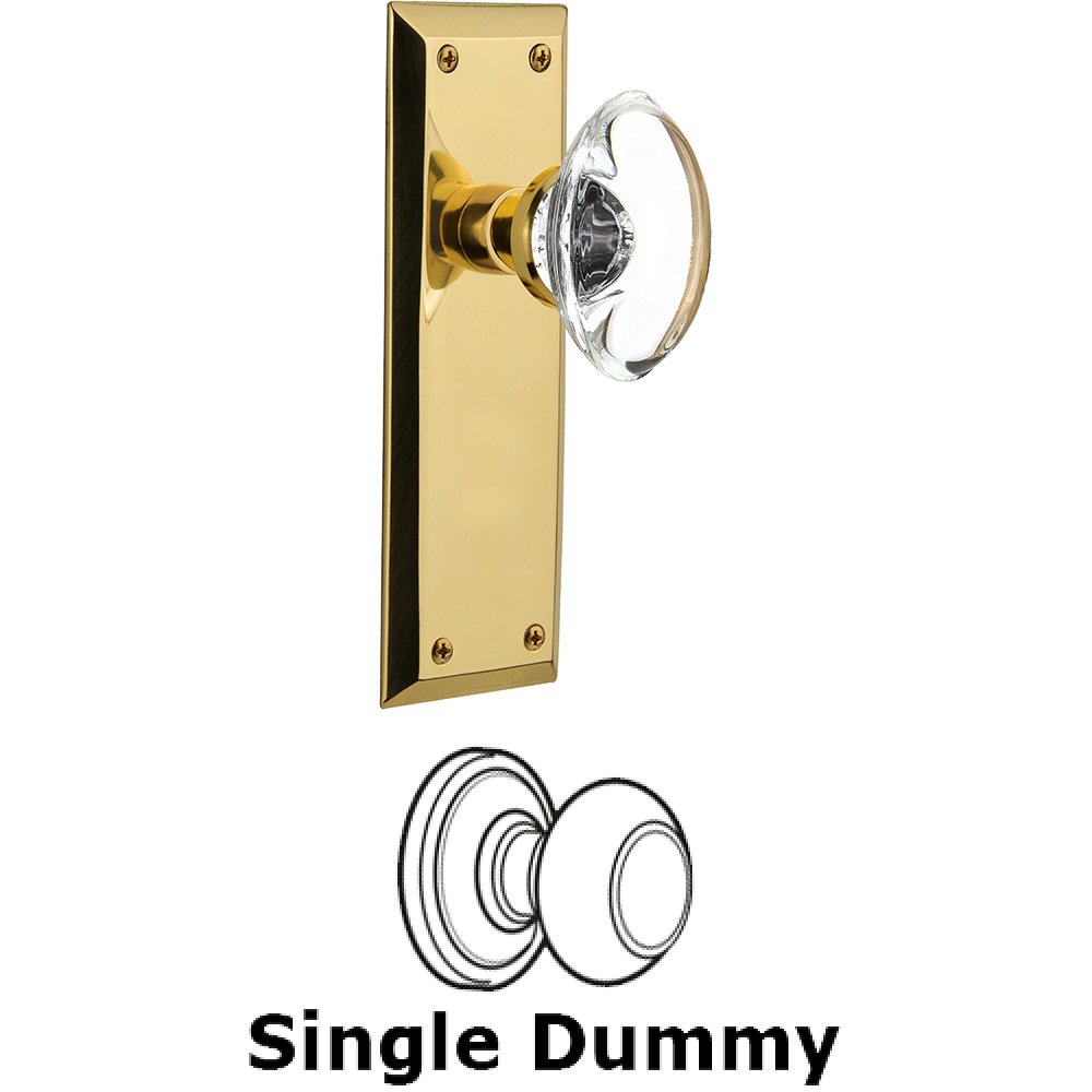 Single Dummy - New York Plate with Oval Clear Crystal Knob without Keyhole in Polished Brass