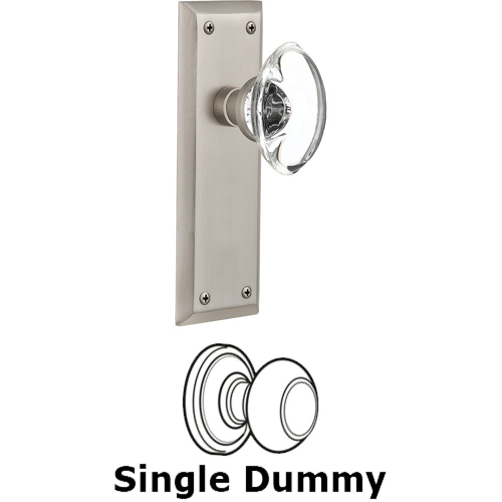 Single Dummy - New York Plate with Oval Clear Crystal Knob without Keyhole in Satin Nickel