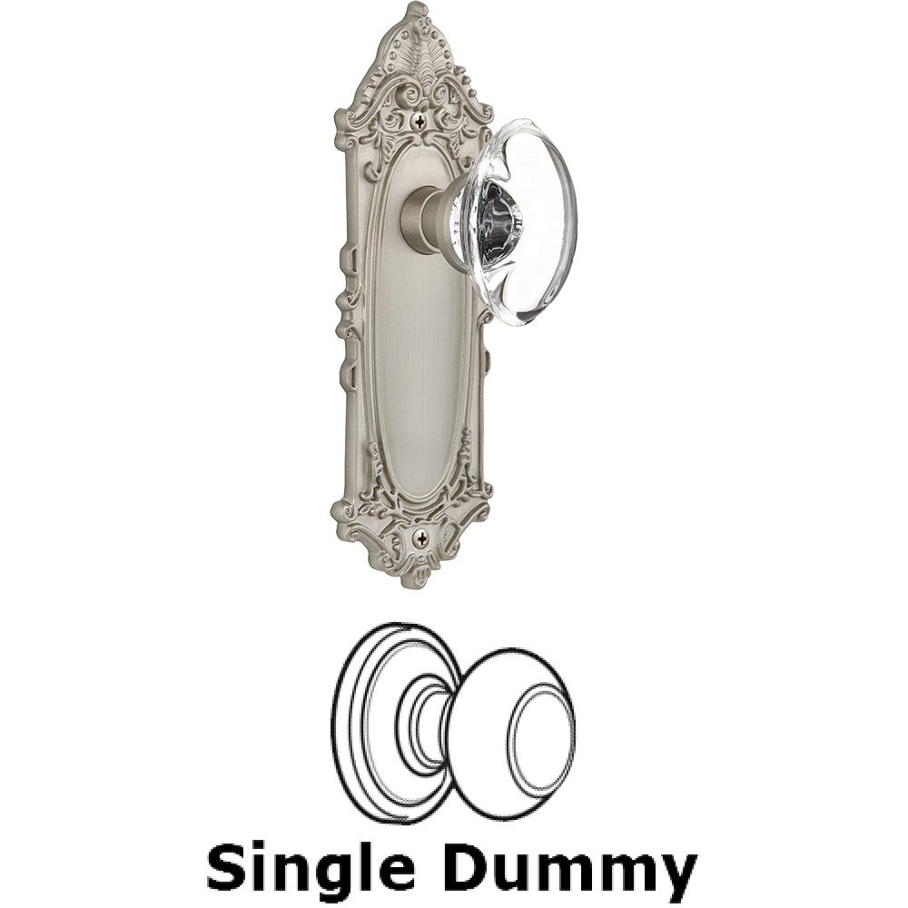 Single Dummy - Victorian Plate with Oval Clear Crystal Knob without Keyhole in Satin Nickel