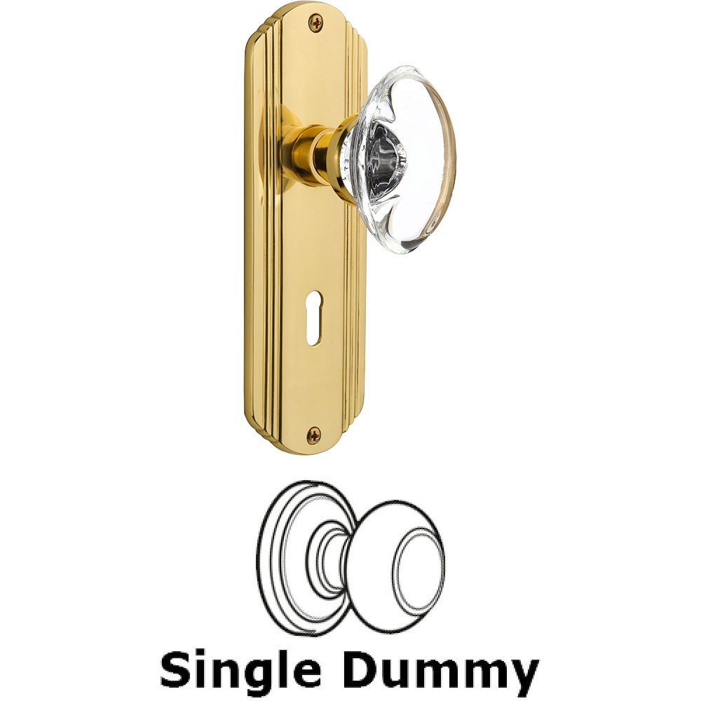 Single Dummy - Deco Plate with Oval Clear Crystal Knob with Keyhole in Polished Brass
