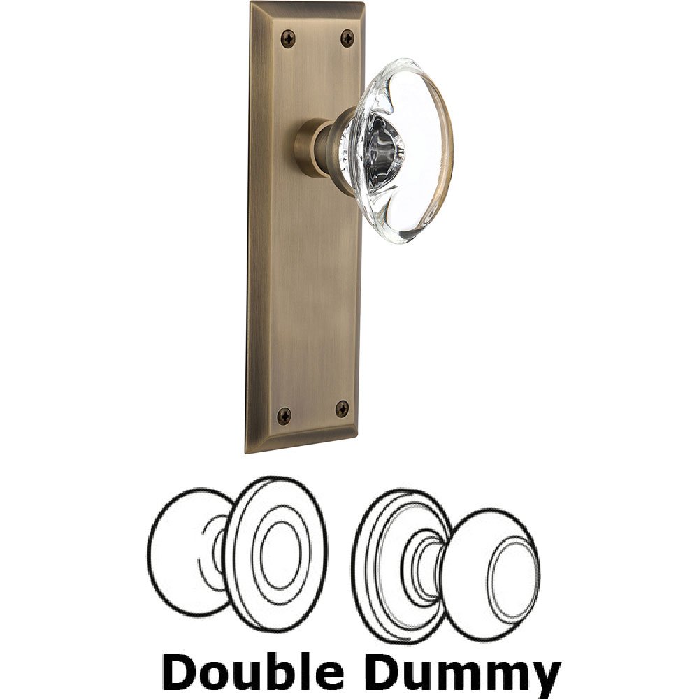 Double Dummy - New York Plate with Oval Clear Crystal Knob without Keyhole in Antique Brass