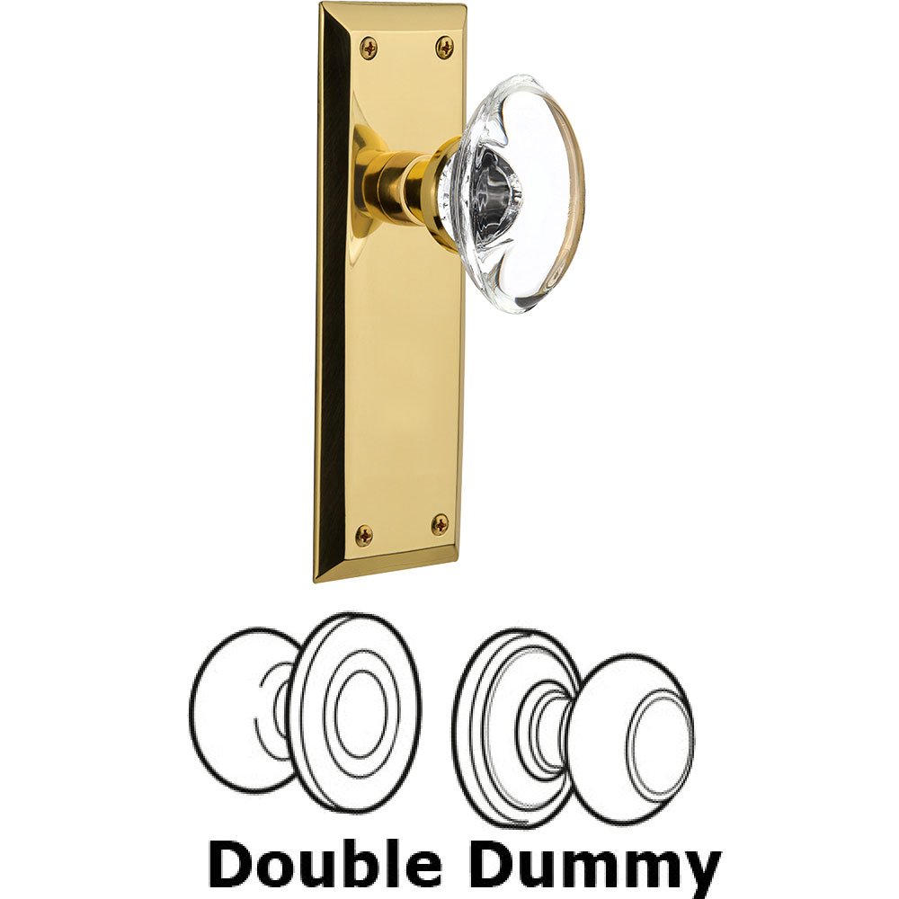 Double Dummy - New York Plate with Oval Clear Crystal Knob without Keyhole in Polished Brass