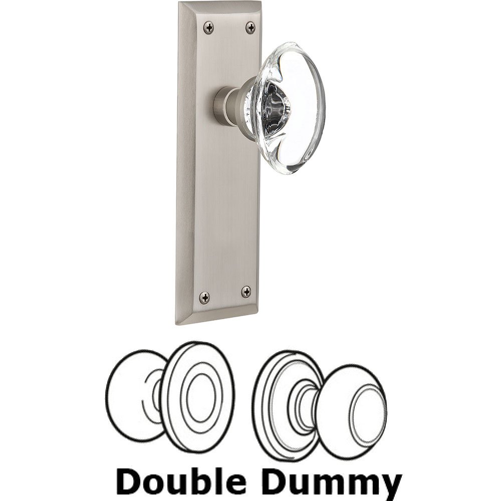 Double Dummy - New York Plate with Oval Clear Crystal Knob without Keyhole in Satin Nickel