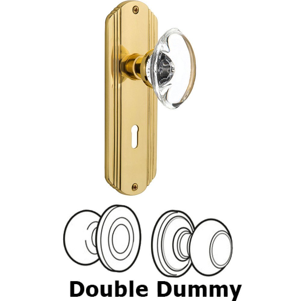 Double Dummy - Deco Plate with Oval Clear Crystal Knob with Keyhole in Polished Brass