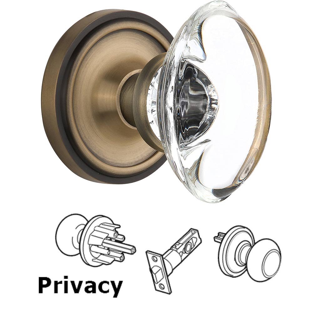 Privacy Knob - Classic Rose with Oval Clear Crystal Knob in Antique Brass