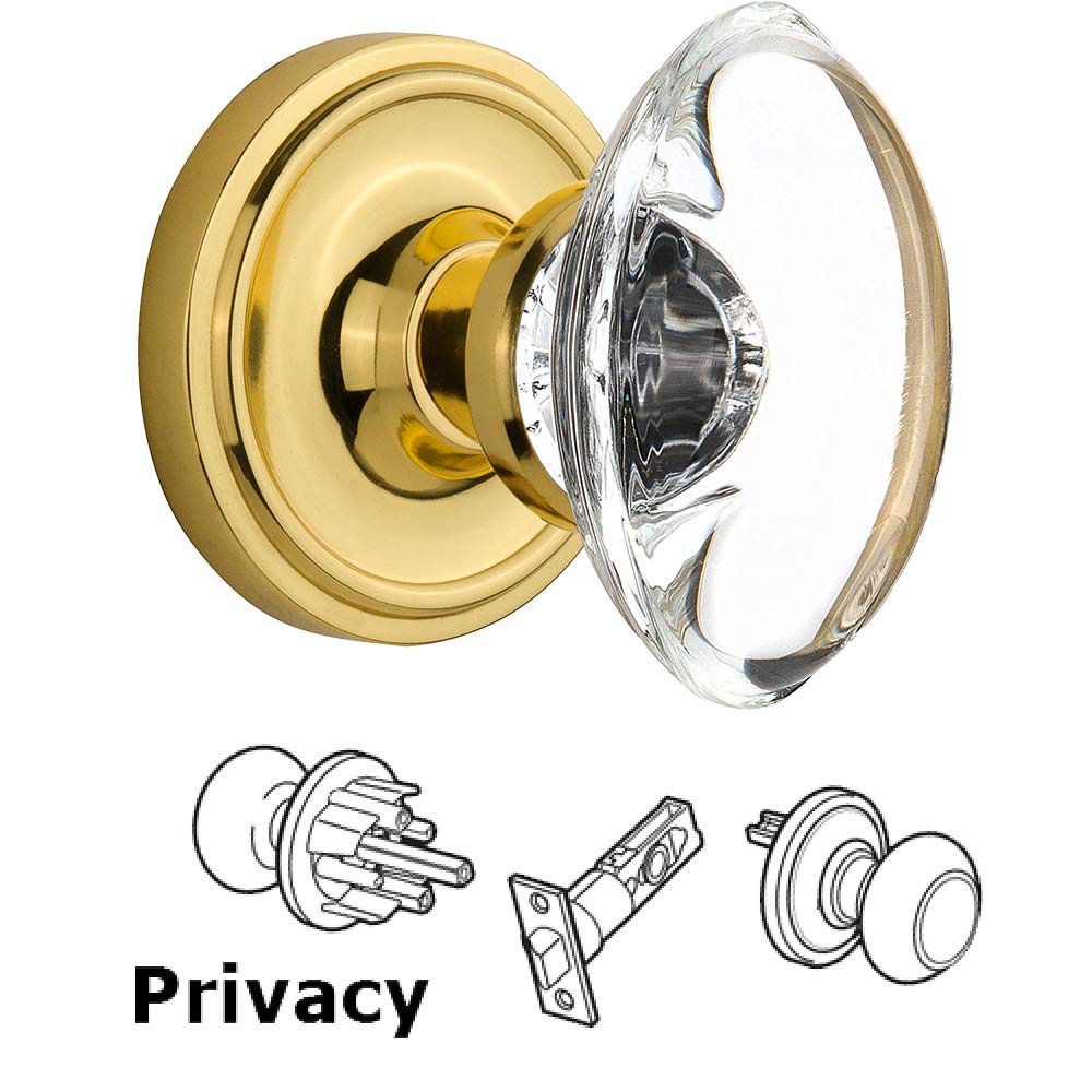 Privacy Knob - Classic Rose with Oval Clear Crystal Knob in Polished Brass