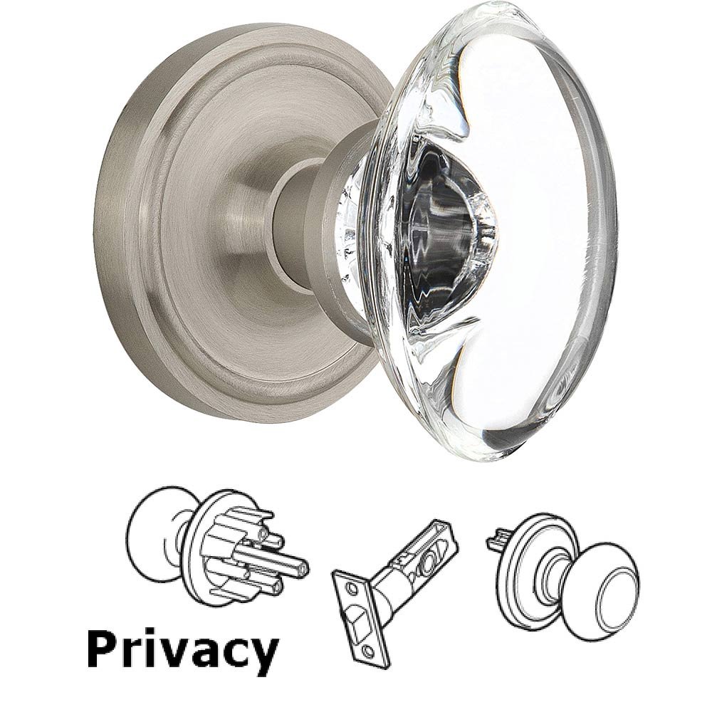Privacy Knob - Classic Rose with Oval Clear Crystal Knob in Satin Nickel