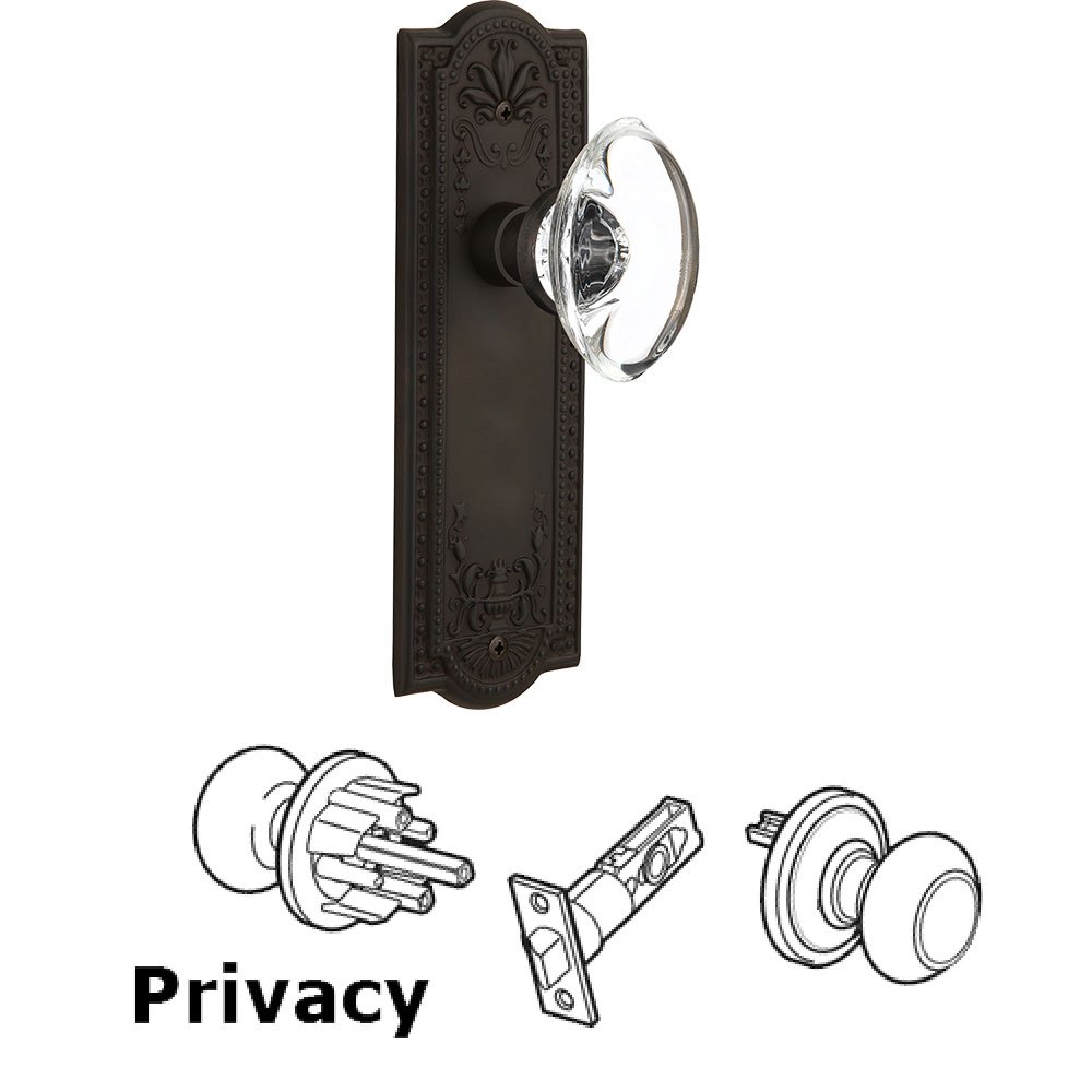 Privacy Knob - Meadows Plate with Oval Clear Crystal Knob without Keyhole in Oil Rubbed Bronze