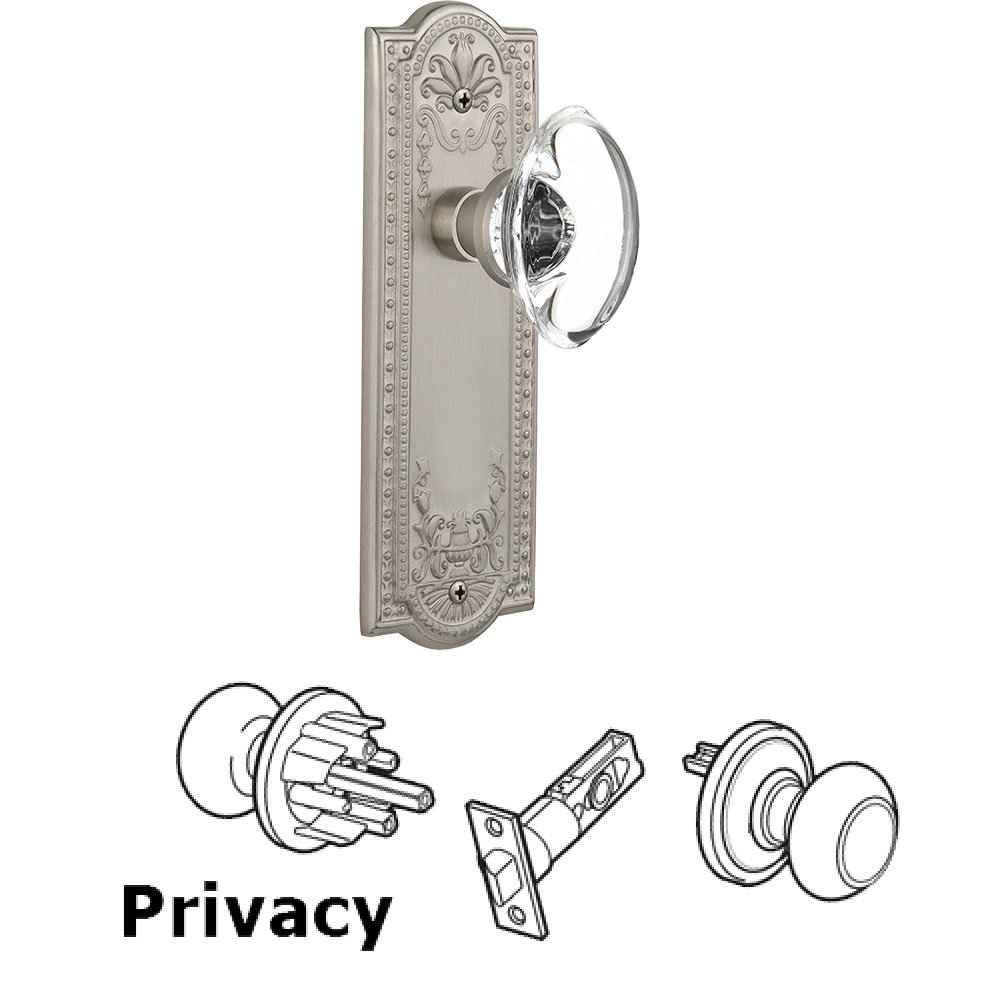 Privacy Knob - Meadows Plate with Oval Clear Crystal Knob without Keyhole in Satin Nickel