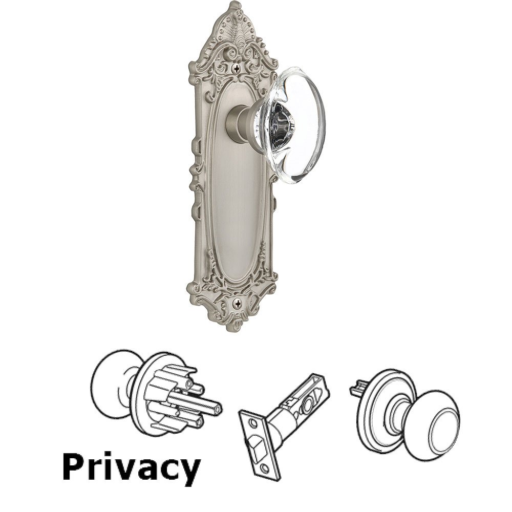Privacy Knob - Victorian Plate with Oval Clear Crystal Knob without Keyhole in Satin Nickel