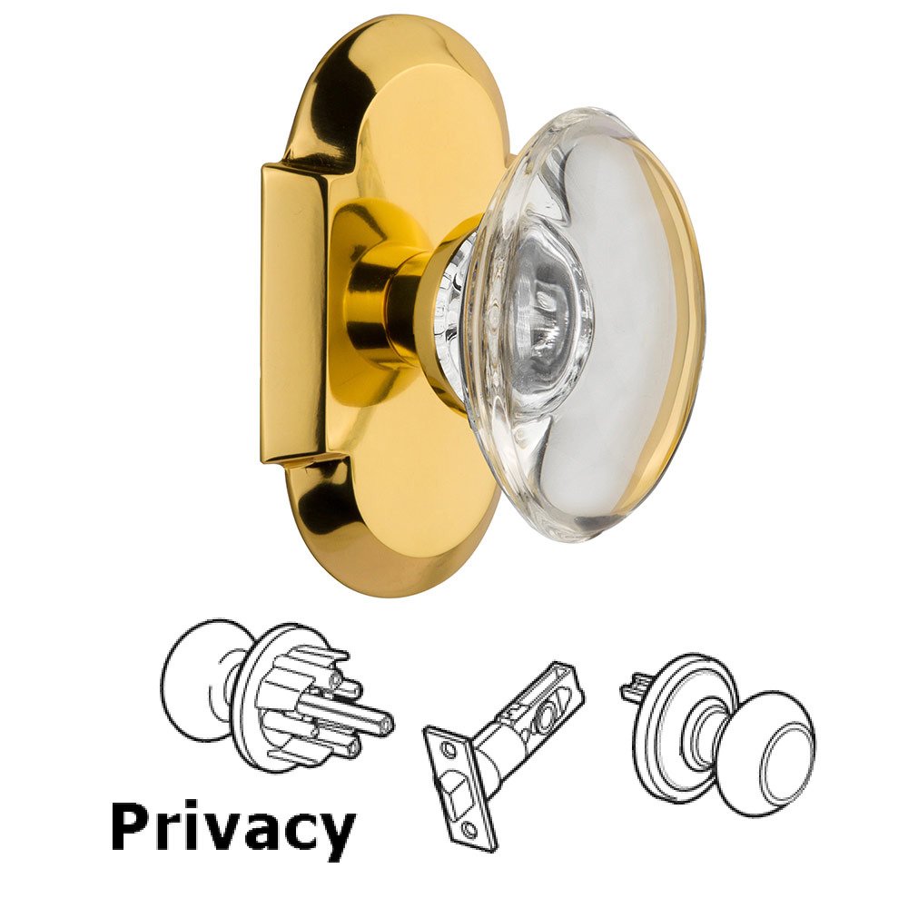 Privacy Cottage Plate with Oval Clear Crystal Knob in Polished Brass