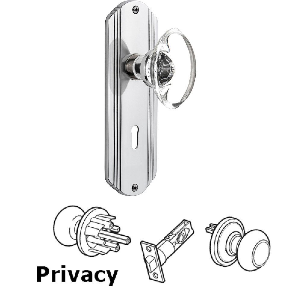 Privacy Deco Plate with Keyhole and Oval Clear Crystal Glass Door Knob in Bright Chrome
