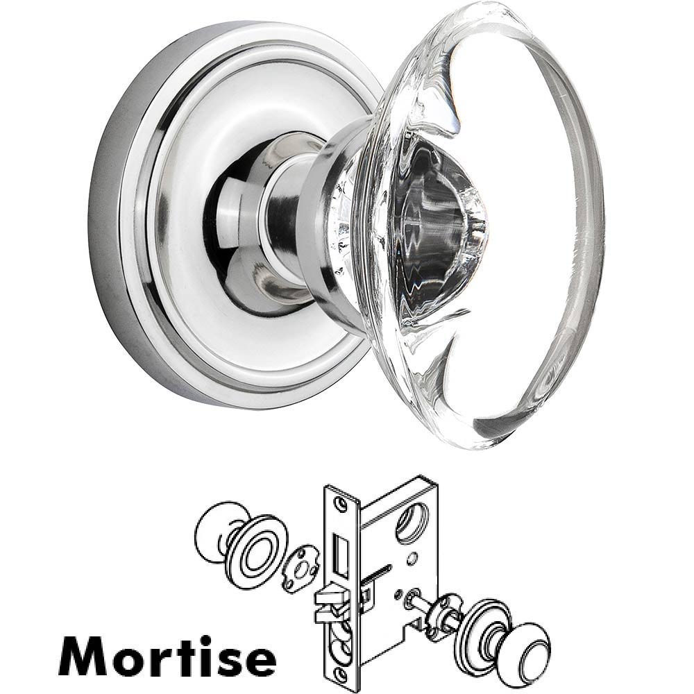 Mortise - Classic Rose with Oval Clear Crystal Knob in Bright Chrome