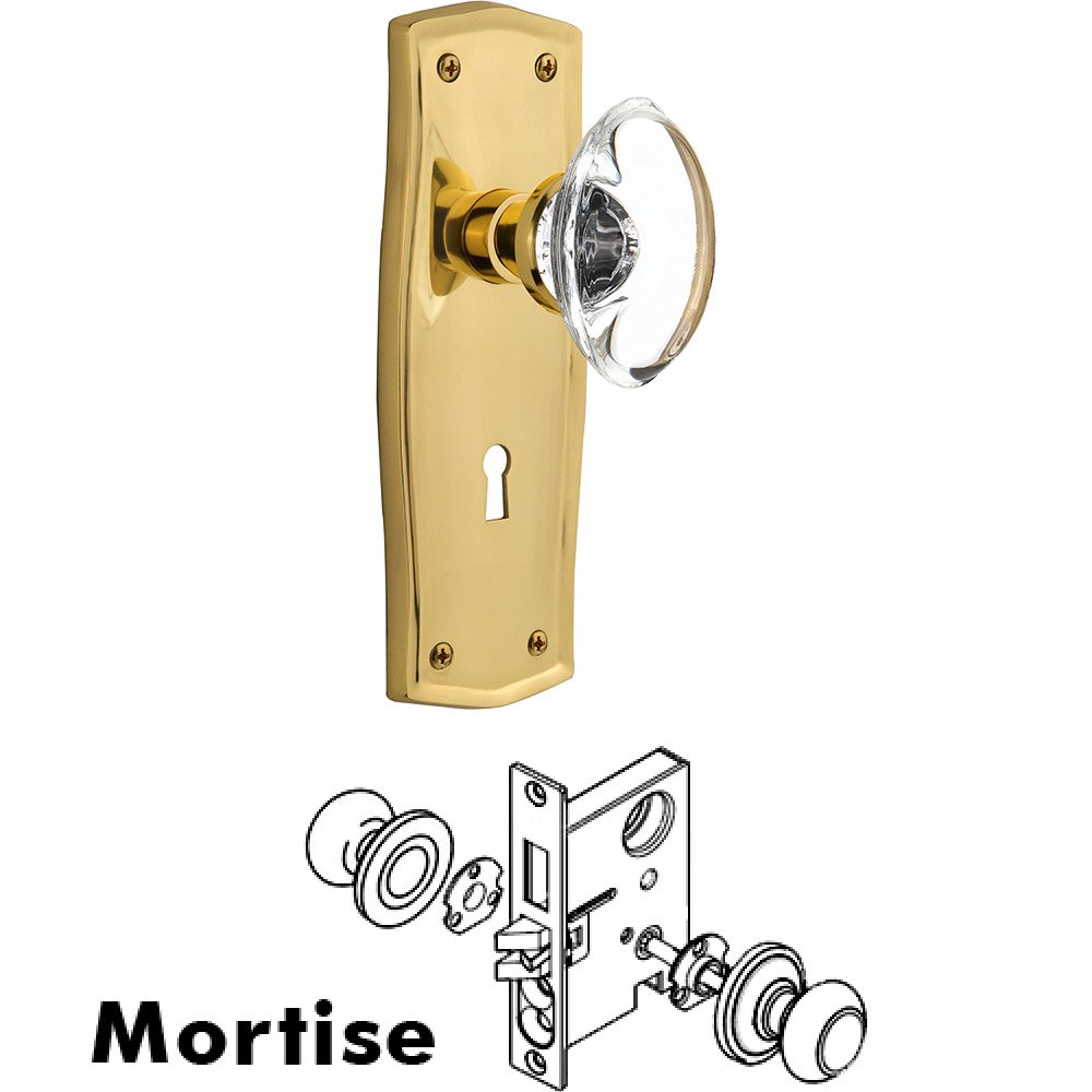 Mortise - Prairie Plate with Oval Clear Crystal Knob with Keyhole in Polished Brass