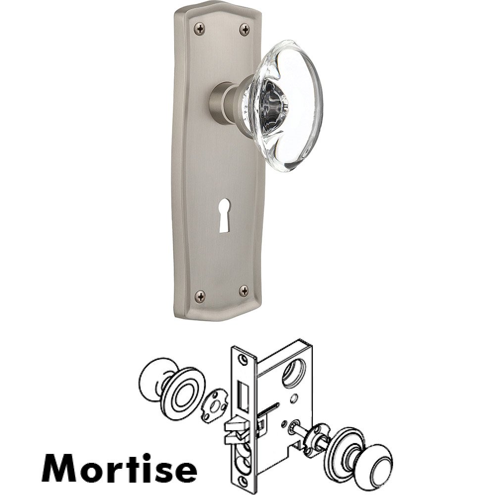 Mortise - Prairie Plate with Oval Clear Crystal Knob with Keyhole in Satin Nickel