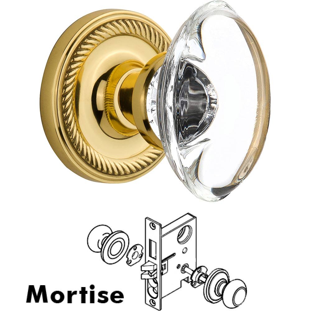 Mortise - Rope Rose with Oval Clear Crystal Knob in Polished Brass