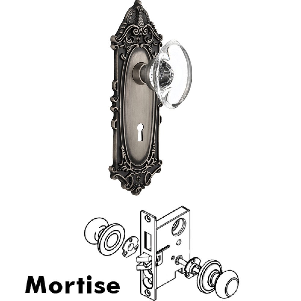 Mortise - Victorian Plate with Oval Clear Crystal Knob with Keyhole in Antique Pewter