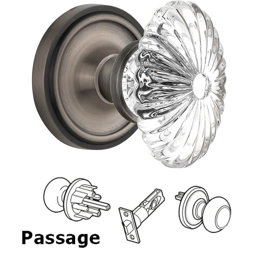 Passage Knob - Classic Rose with Oval Fluted Crystal Knob in Antique Pewter