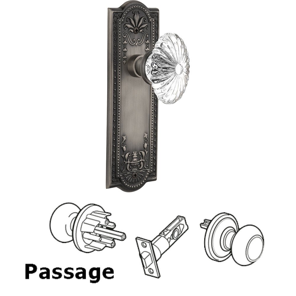 Passage Knob - Meadows Plate with Oval Fluted Crystal Knob without Keyhole in Antique Pewter