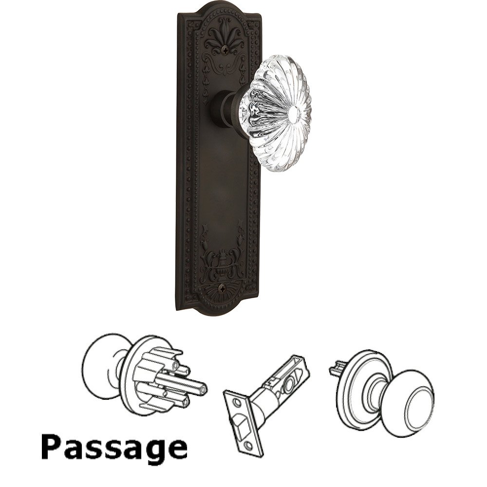 Passage Knob - Meadows Plate with Oval Fluted Crystal Knob without Keyhole in Oil Rubbed Bronze