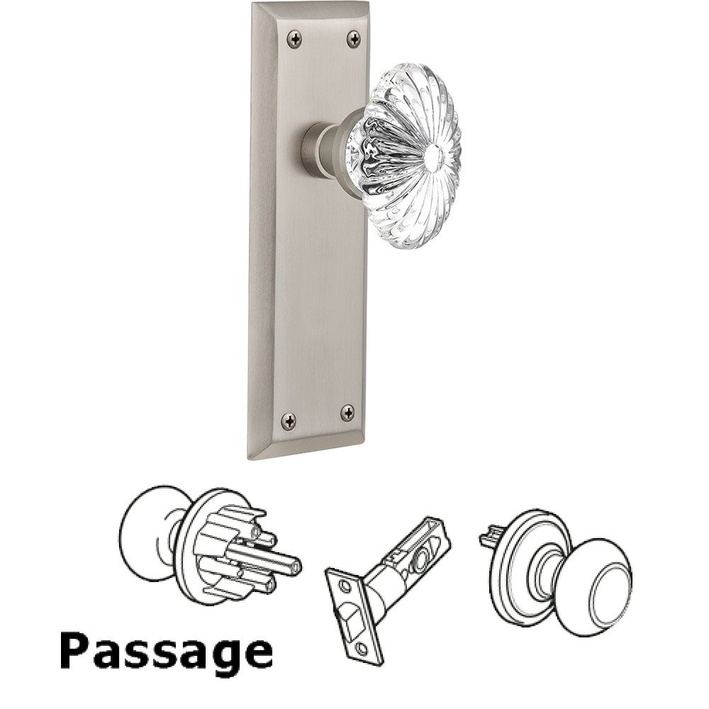 Passage Knob - New York Plate with Oval Fluted Crystal Knob without Keyhole in Satin Nickel
