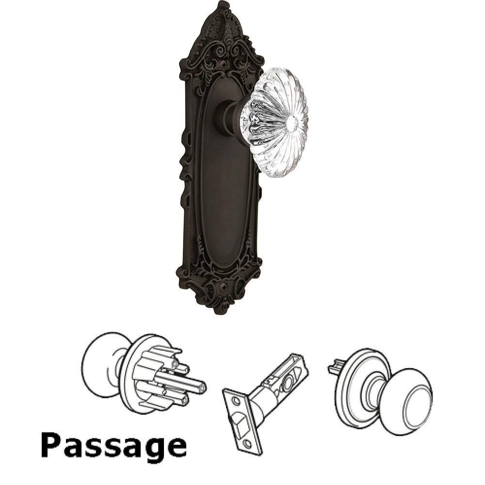 Passage Knob - Victorian Plate with Oval Fluted Crystal Knob without Keyhole in Oil Rubbed Bronze
