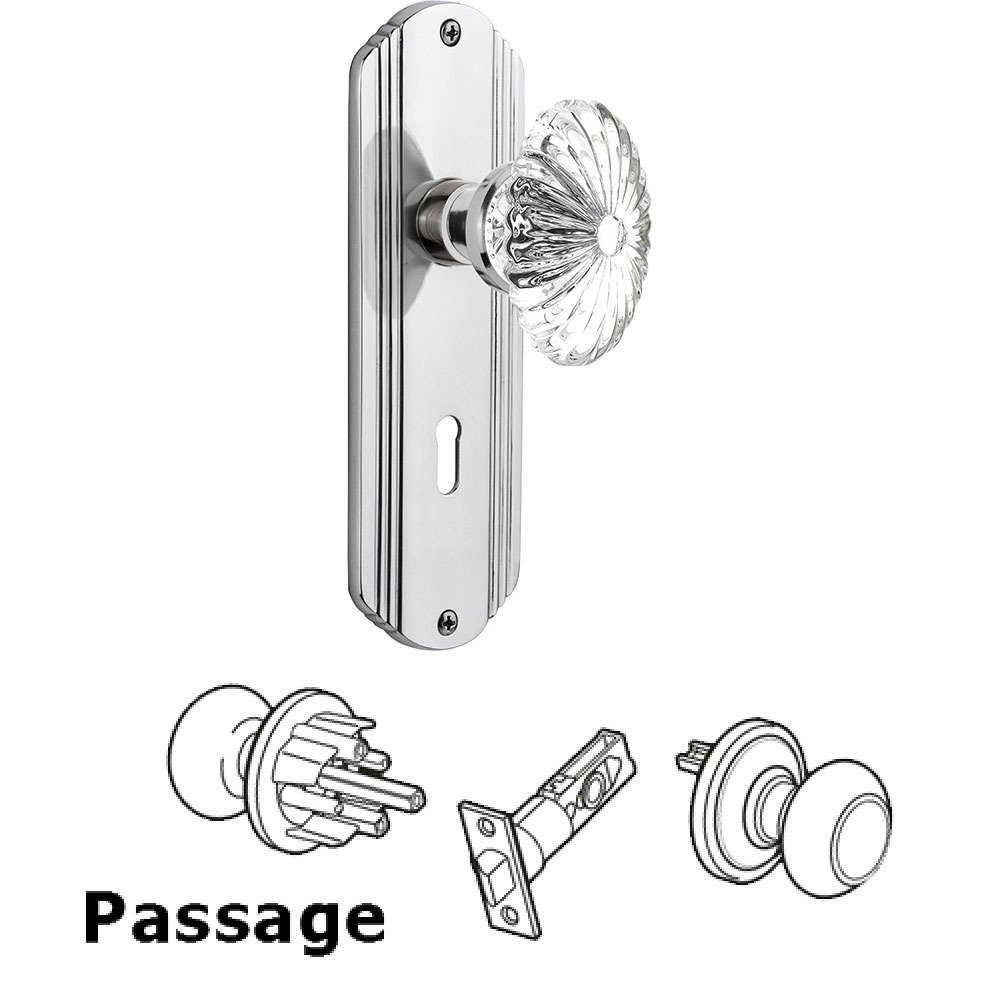 Passage Knob - Deco Plate with Oval Fluted Crystal Knob with Keyhole in Bright Chrome