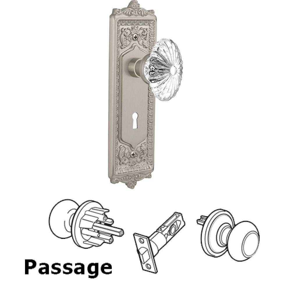 Passage Knob - Egg and Dart Plate with Oval Fluted Crystal Knob with Keyhole in Satin Nickel