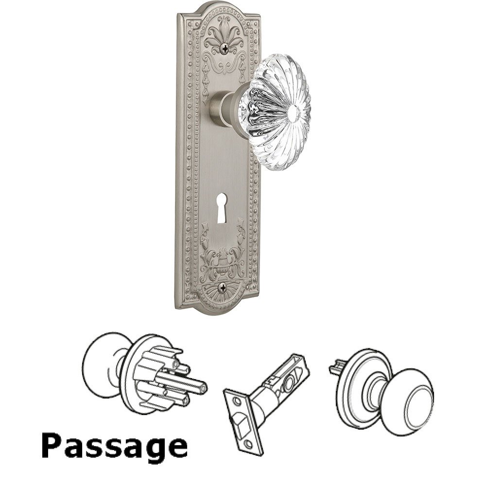Passage Knob - Meadows Plate with Oval Fluted Crystal Knob with Keyhole in Satin Nickel