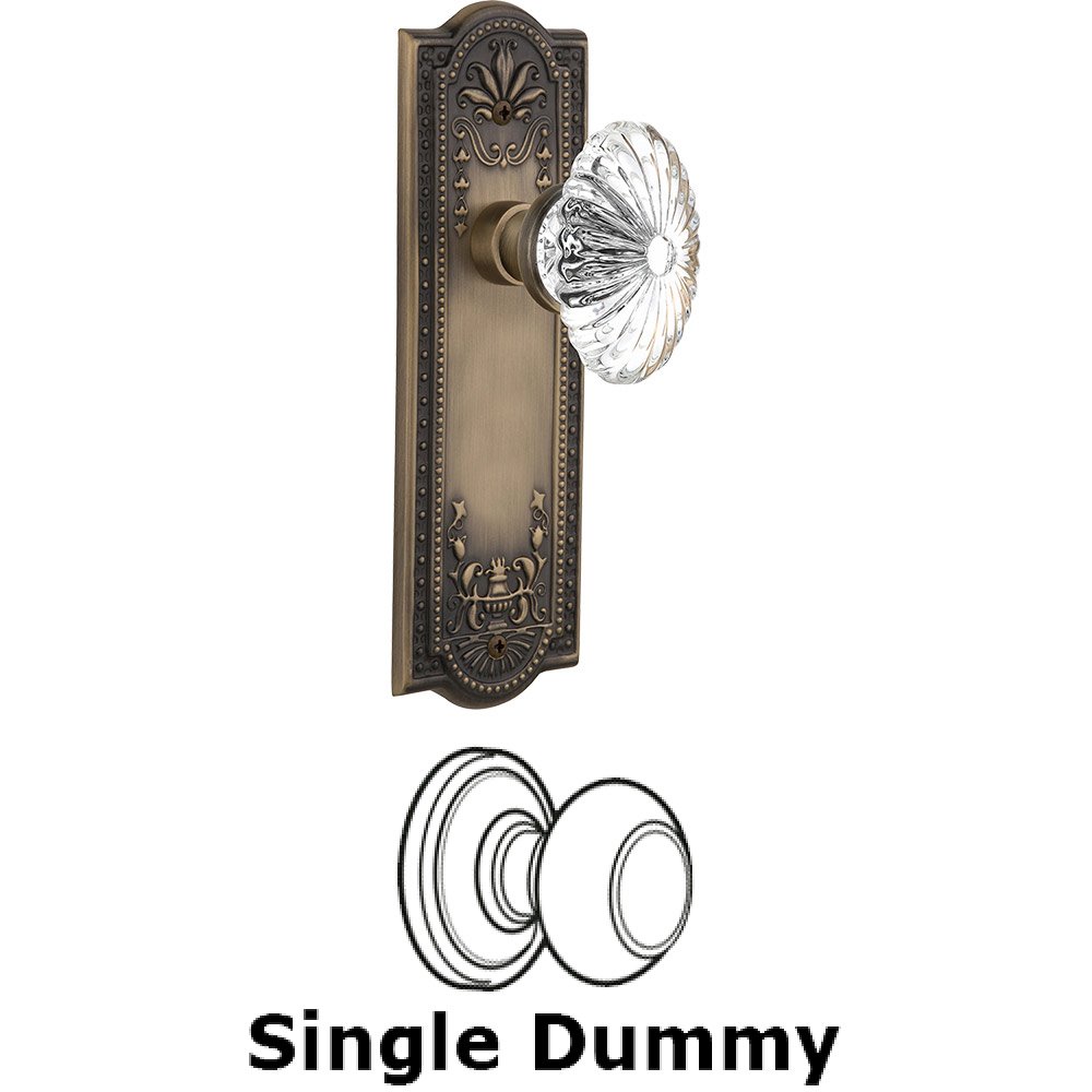 Single Dummy - Meadows Plate with Oval Fluted Crystal Knob without Keyhole in Antique Brass