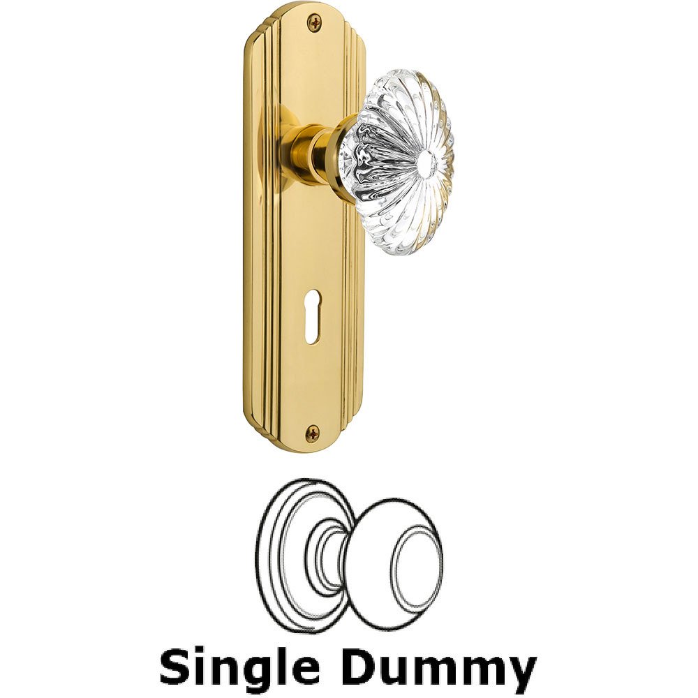 Single Dummy - Deco Plate with Oval Fluted Crystal Knob with Keyhole in Polished Brass