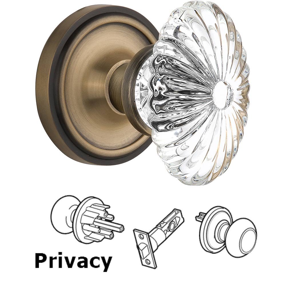 Privacy Knob - Classic Rose with Oval Fluted Crystal Knob in Antique Brass