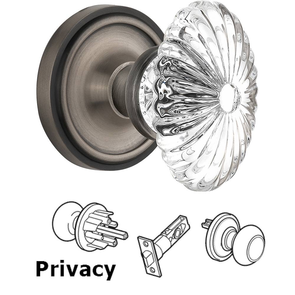 Privacy Knob - Classic Rose with Oval Fluted Crystal Knob in Antique Pewter