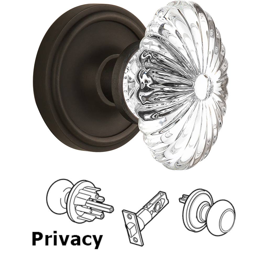 Privacy Knob - Classic Rose with Oval Fluted Crystal Knob in Oil Rubbed Bronze