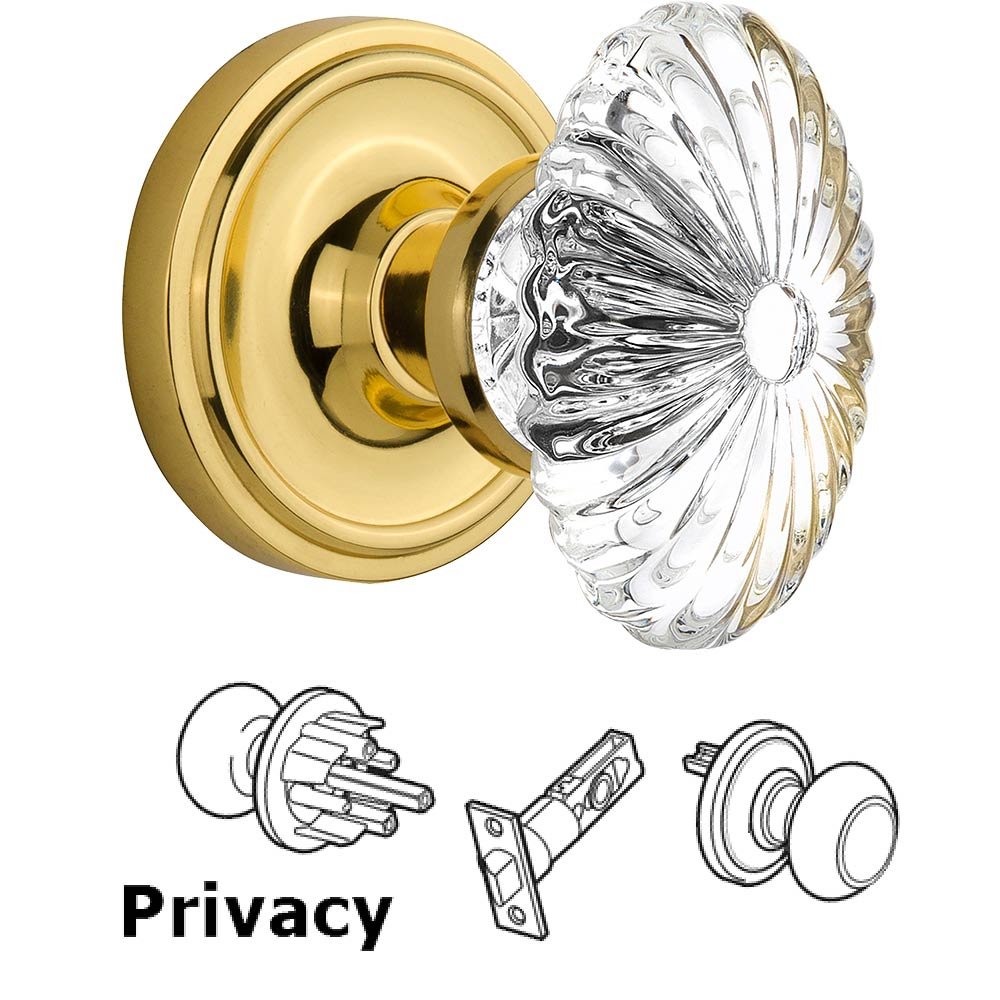 Privacy Knob - Classic Rose with Oval Fluted Crystal Knob in Polished Brass