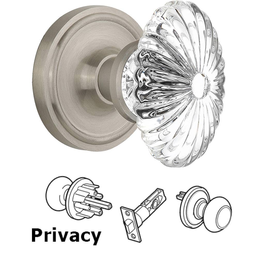 Privacy Knob - Classic Rose with Oval Fluted Crystal Knob in Satin Nickel