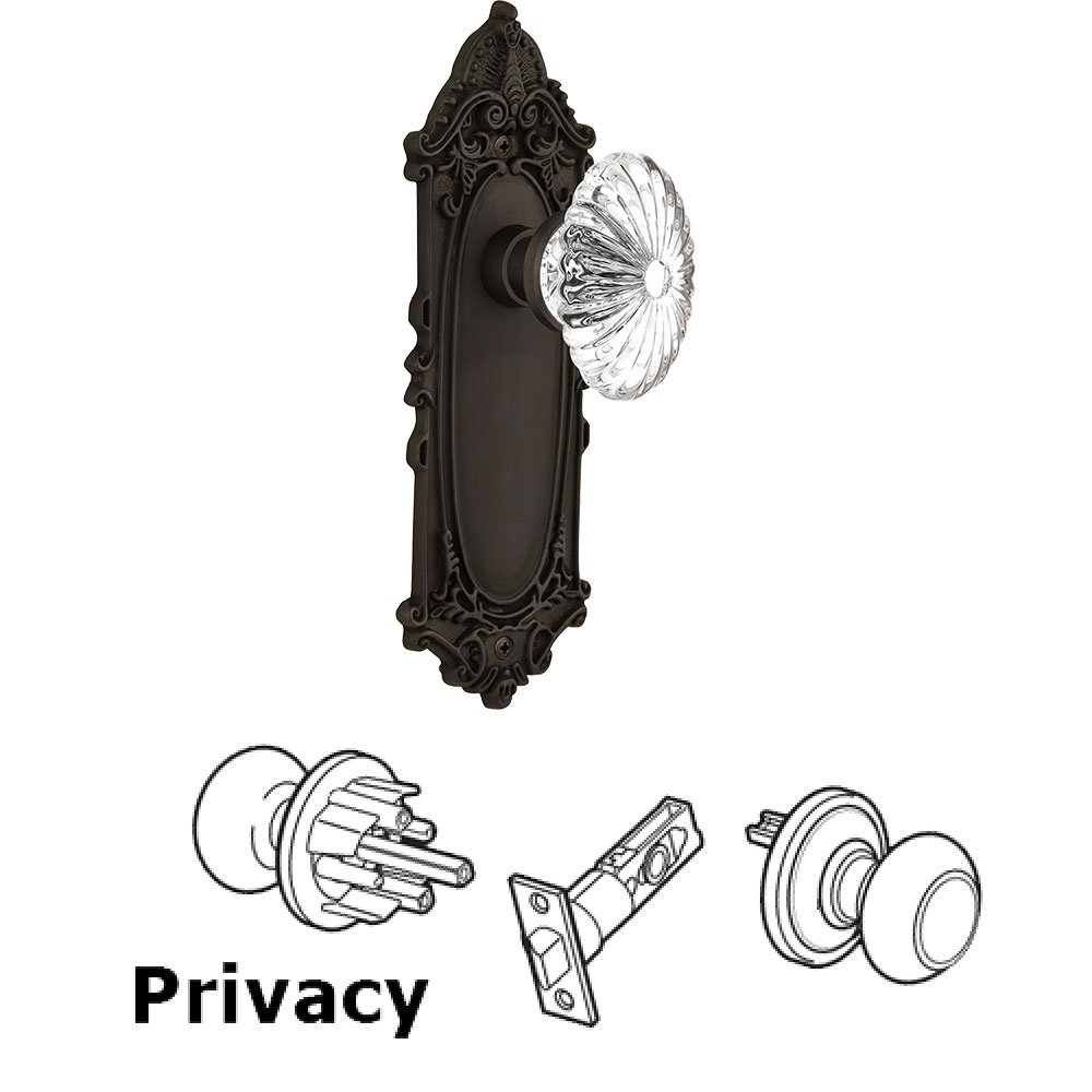Privacy Knob - Victorian Plate with Oval Fluted Crystal Knob without Keyhole in Oil Rubbed Bronze