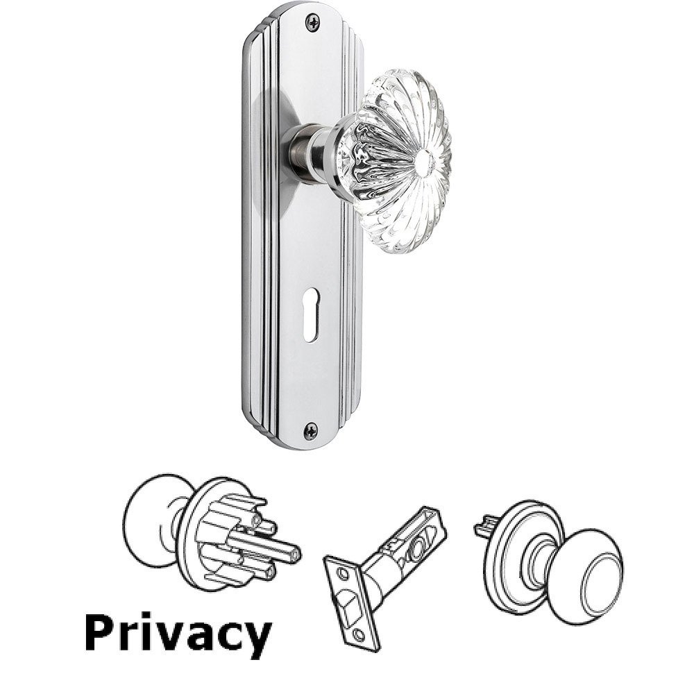 Privacy Deco Plate with Keyhole and Oval Fluted Crystal Glass Door Knob in Bright Chrome
