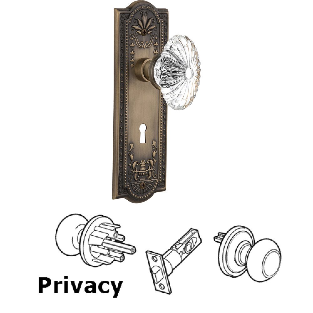 Privacy Knob - Meadows Plate with Oval Fluted Crystal Knob with Keyhole in Antique Brass