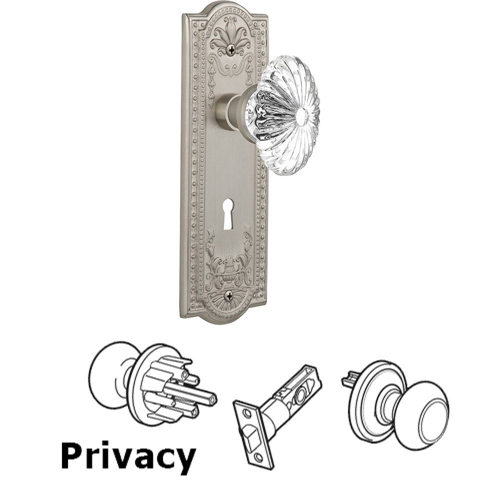 Privacy Meadows Plate with Keyhole and Oval Fluted Crystal Glass Door Knob in Satin Nickel