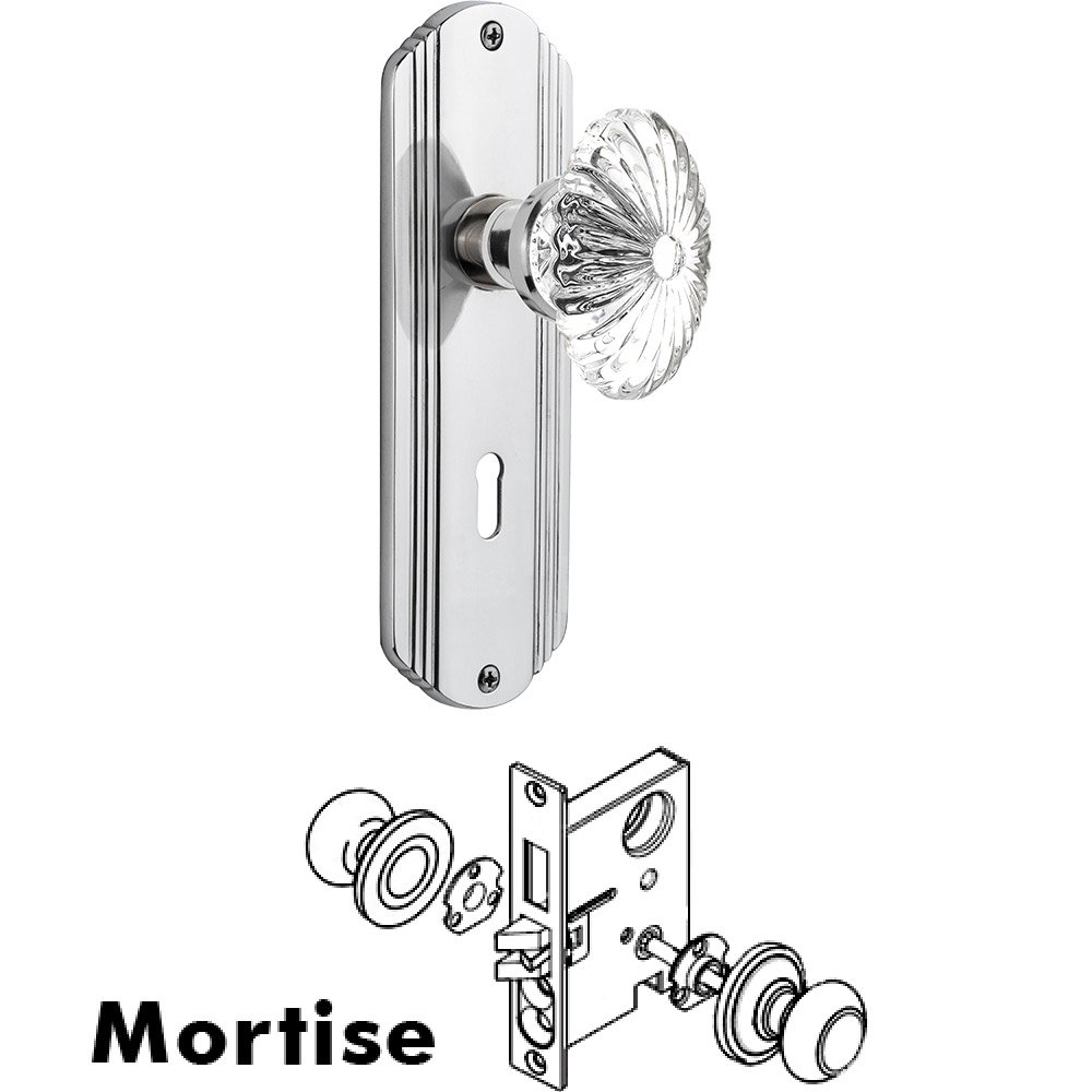 Mortise - Deco Plate with Oval Fluted Crystal Knob with Keyhole in Bright Chrome