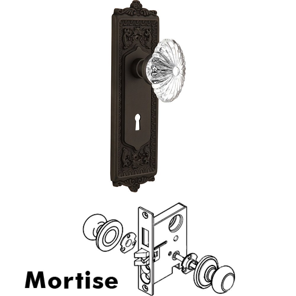Mortise - Egg and Dart Plate with Oval Fluted Crystal Knob with Keyhole in Oil Rubbed Bronze