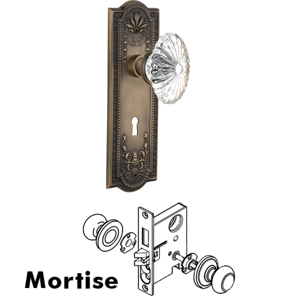 Mortise - Meadows Plate with Oval Fluted Crystal Knob with Keyhole in Antique Brass