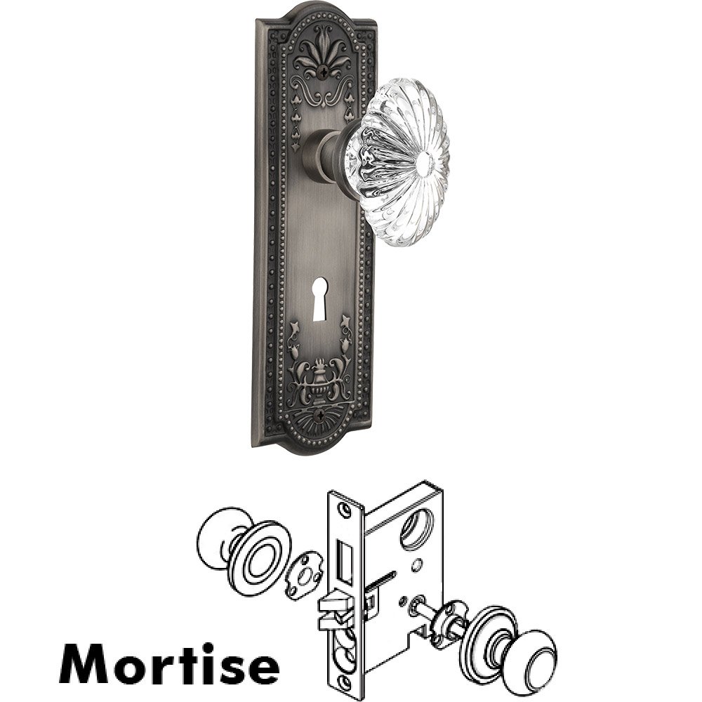 Mortise - Meadows Plate with Oval Fluted Crystal Knob with Keyhole in Antique Pewter