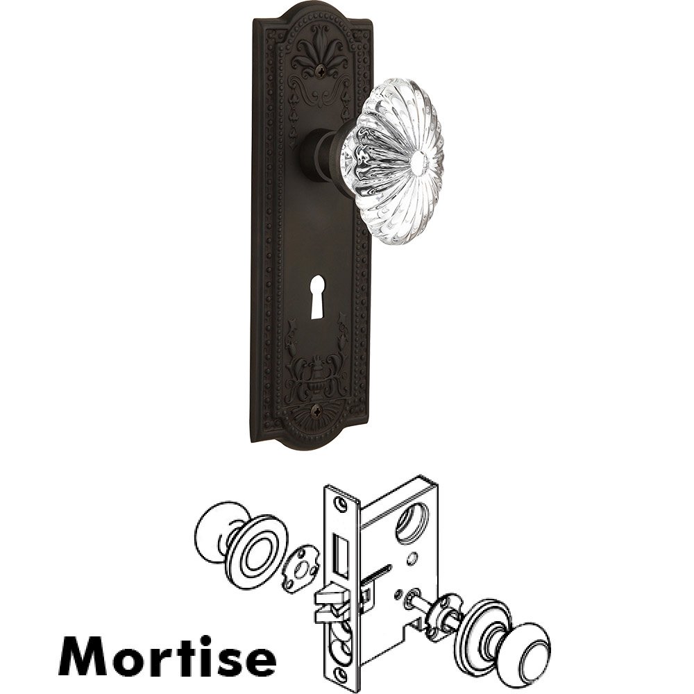 Mortise - Meadows Plate with Oval Fluted Crystal Knob with Keyhole in Oil Rubbed Bronze